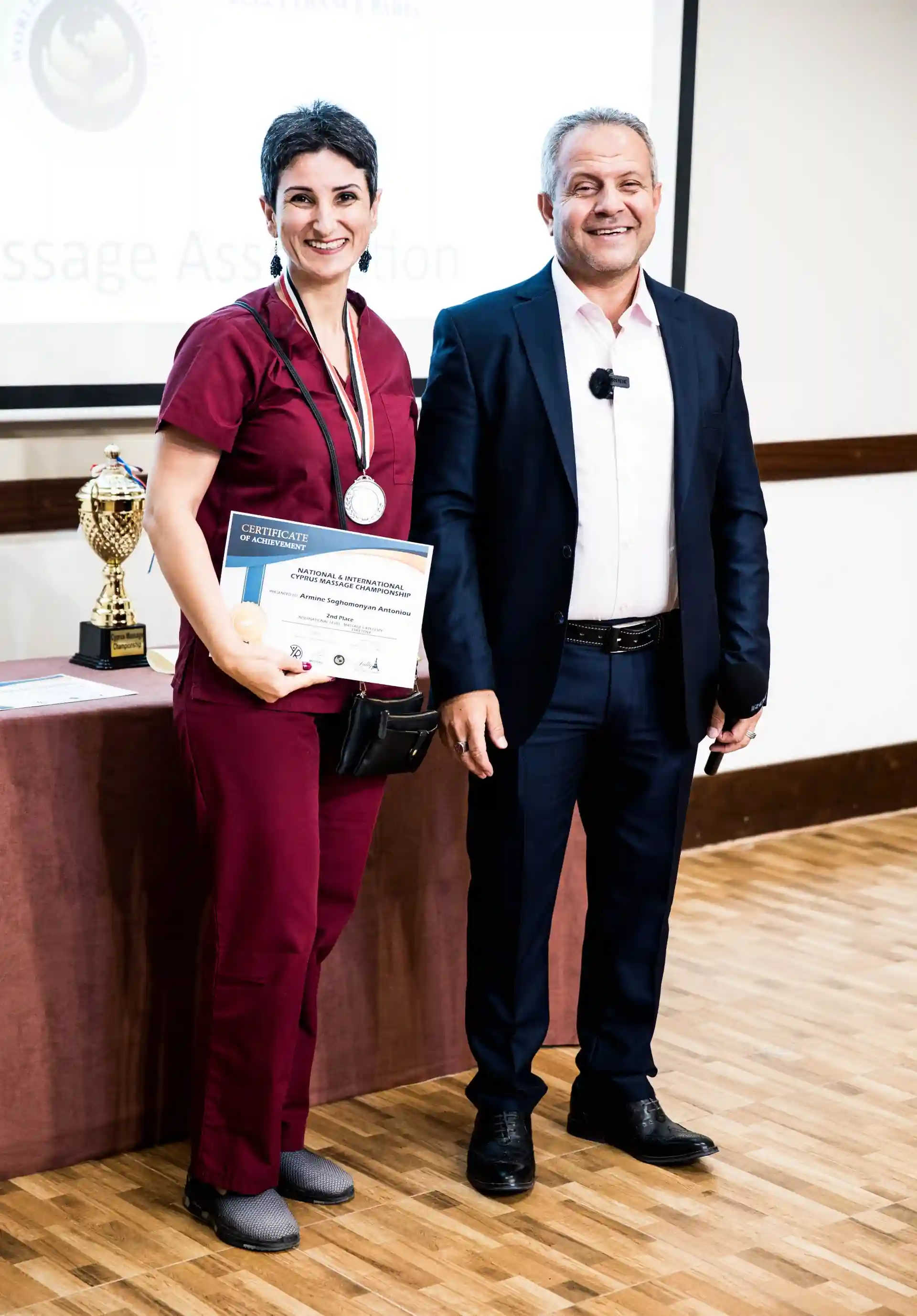 Armine Soghomonyan receiving 2nd place award at Cyprus Massage Championship