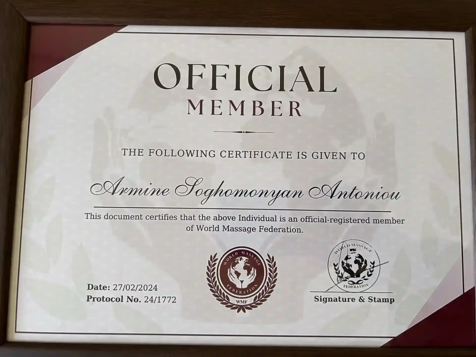 Official Member certificate, World Massage Federation 2024