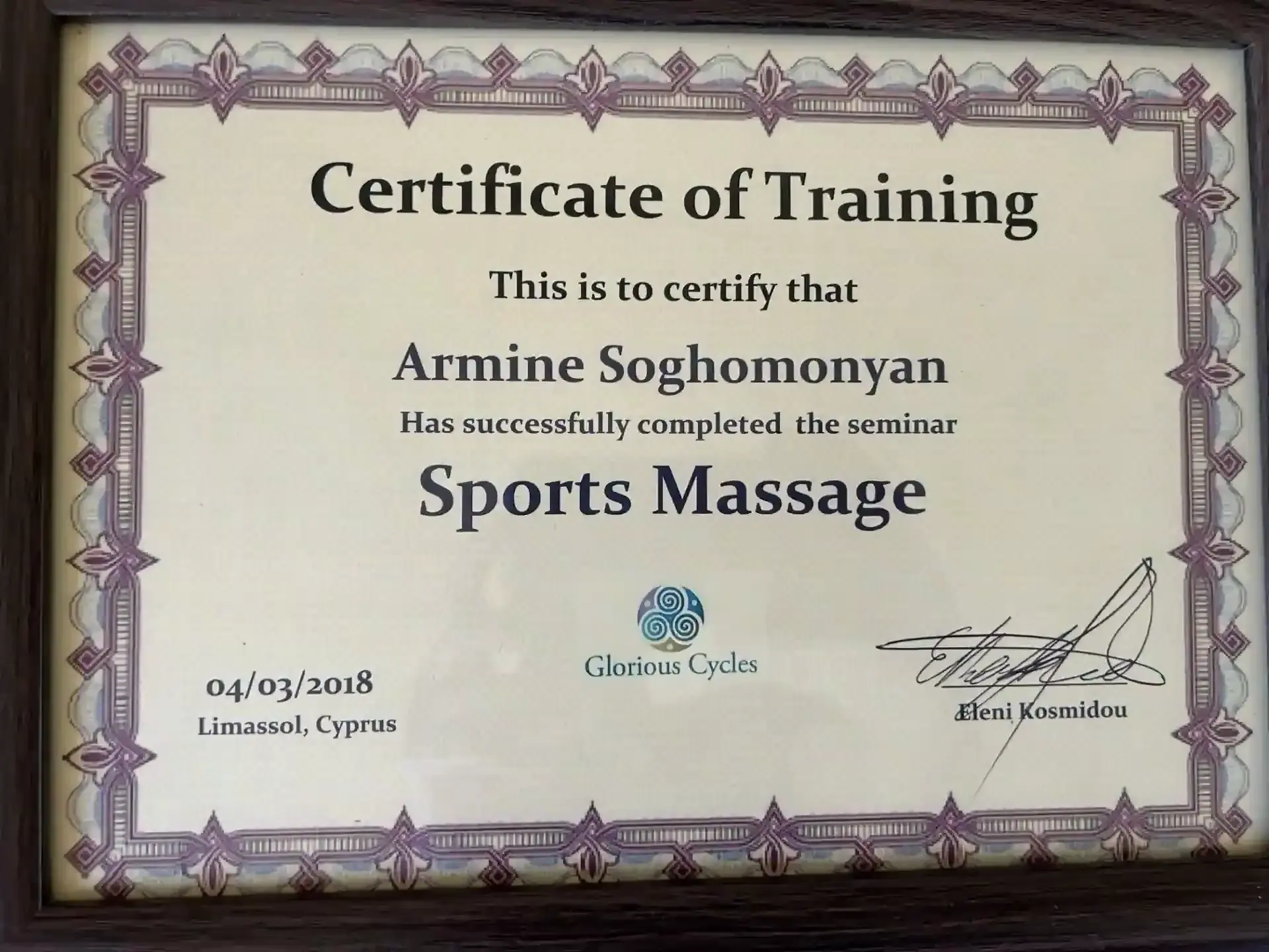 Sports Massage certificate, Glorious Cycles 2018