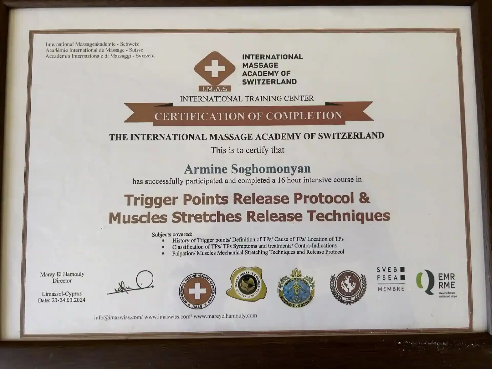 Trigger Points and Muscle Release certificate, IMA Switzerland 2024