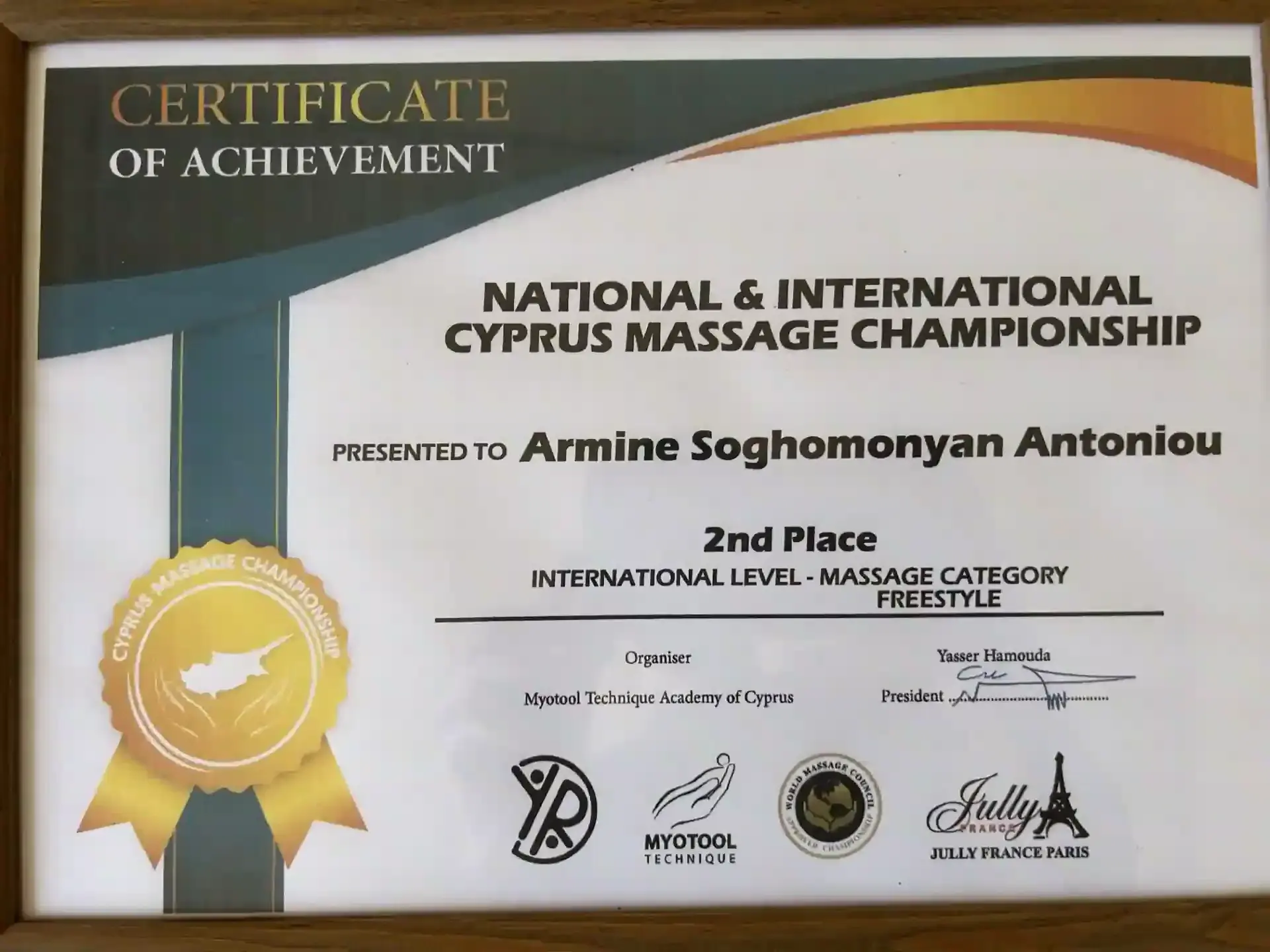 Cyprus Massage Championship 2nd place certificate and medal