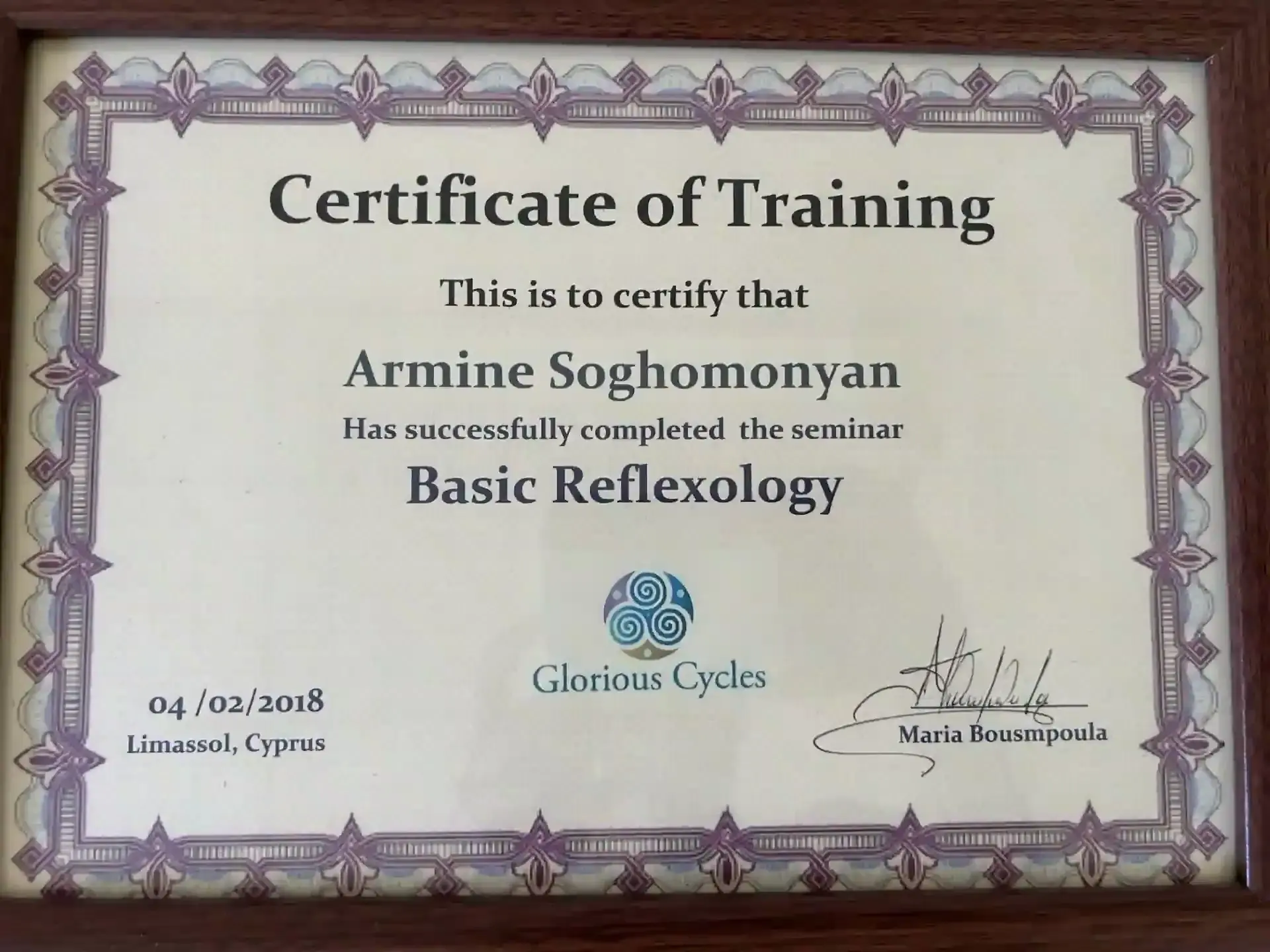 Basic Reflexology certificate, Glorious Cycles 2018